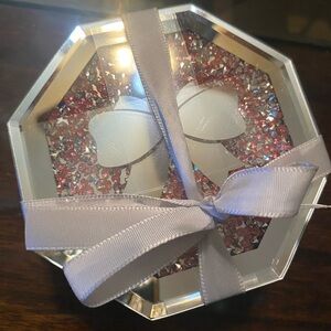 Elegant Octagonal Pink and White Crystal Coasters with Silver Bow
